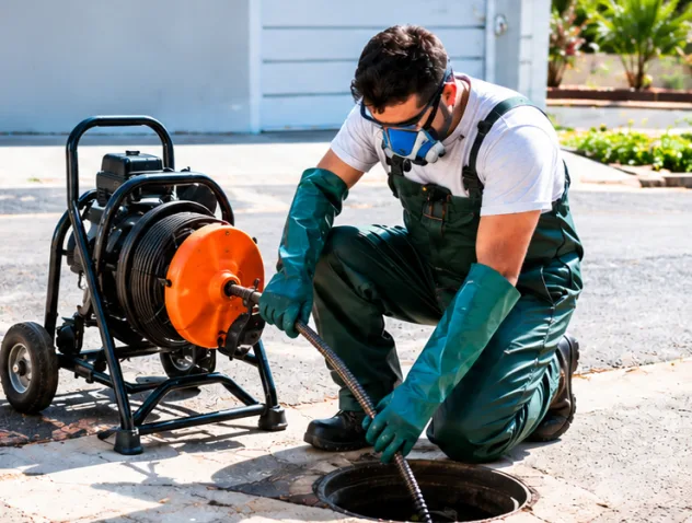 Técnico da Top Clean usando máquina de desentupimento em uma caixa de esgoto
